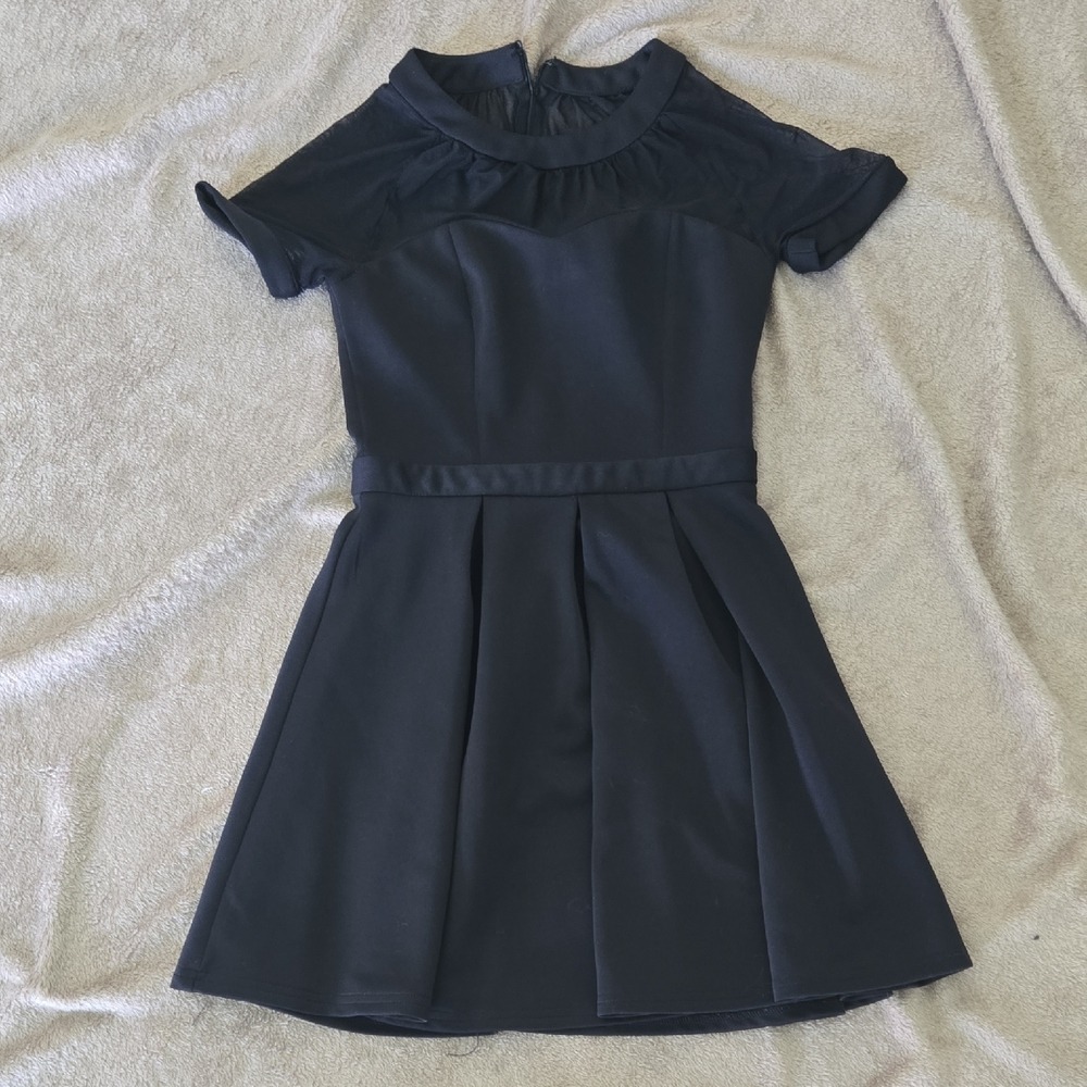 Love Culture Black Sheer Mesh Yoke Pleated Fit and Flare Mini Dress GYD500690 S